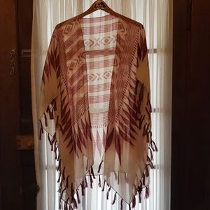 Cream & Burgundy Ruhana Shawl Wrap Fringe OS